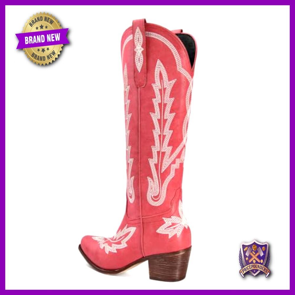 Knee High Cowgirl Boots Embroidered Slip On Pointed Toe Chunky Heel Retro - Picture 6 of 7